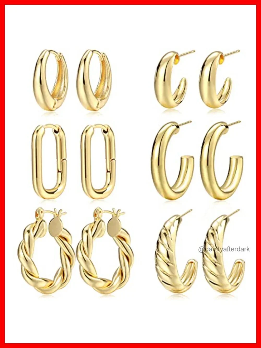 6 Pairs Gold Plated Chunky Hoop Earrings for Women, 14K Gold Plated Jewelry Set
